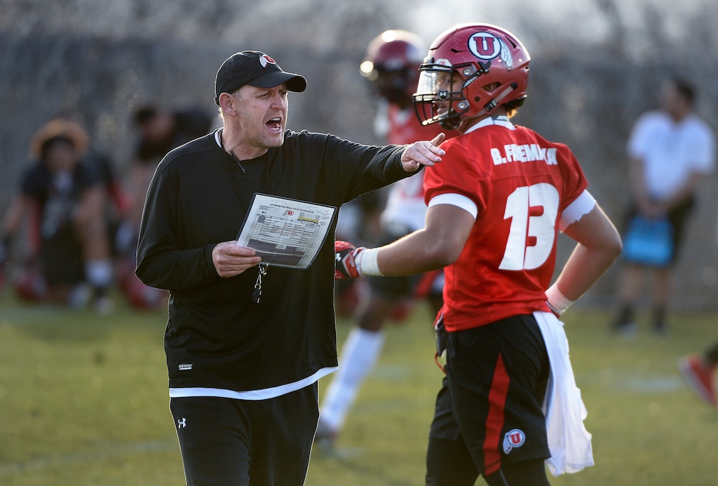 Scott Sommerdorf | The Salt Lake TribuneNew offensive coordinator Troy Taylor shouts some instructions during Utah football practice, Thursday, March 9, 2017.
