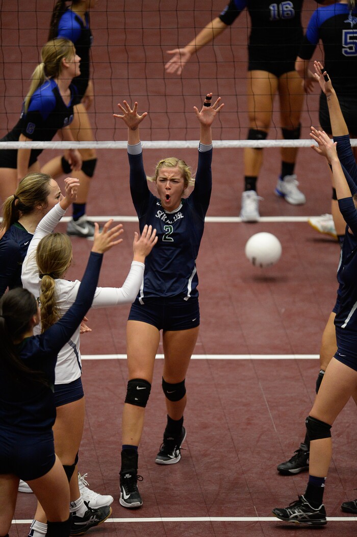 (Francisco Kjolseth  |  The Salt Lake Tribune)  Syracuse celebrates a point over Pleasant Grove in the quarterfinal match at the UCCU Center at Utah Valley University on Thursday, Nov. 2, 2017.  Pleasant Grove went on to win in three straight sets. 