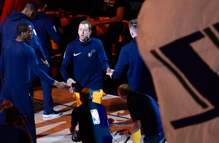 (Scott Sommerdorf | The Salt Lake Tribune)
Utah Jazz forward Joe Ingles (2) is introduced. The Rockets led the Jazz 58-48 at the half, Sunday, May 6, 2018.