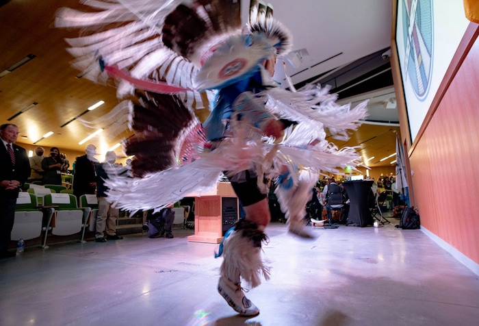 (Francisco Kjolseth | The Salt Lake Tribune) Christian Parrish Takes the Gun, known professionally as Supaman, performs a fancy dance for the start of the 15th Annual Governor’s Native American Summit held on the Utah Valley University campus on Friday, Aug. 6, 2021.