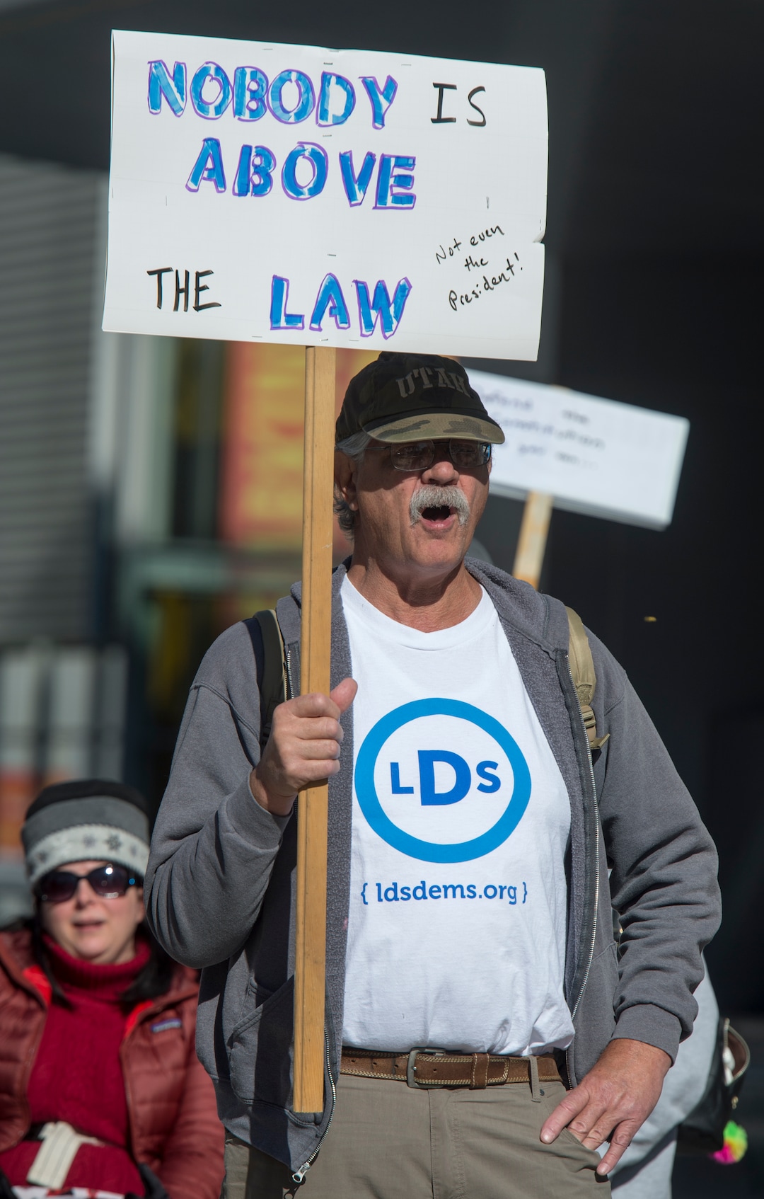 (Rick Egan  |  The Salt Lake Tribune)    Mark Avila from Kearns, chants along with other protesters, as they gather at the Federal Building for the "Rally for the Rule of Law" to urge Utah’s Members of Congress to prevent President Donald Trump from compromising the independence of Special Counsel Robert Mueller, at the Federal Building, Saturday, Nov. 10, 2018.