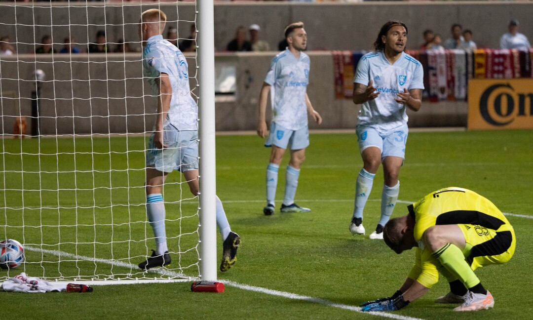 (Francisco Kjolseth | The Salt Lake Tribune) Real Salt Lake goalkeeper Zac MacMath (18) drops after making the initial block but the ball rolled back into the net to tie up the game 1-1 in MLS action between Real Salt Lake and Minnesota United FC at Rio Tinto Stadium in Sandy, on Saturday, May 29, 2021.