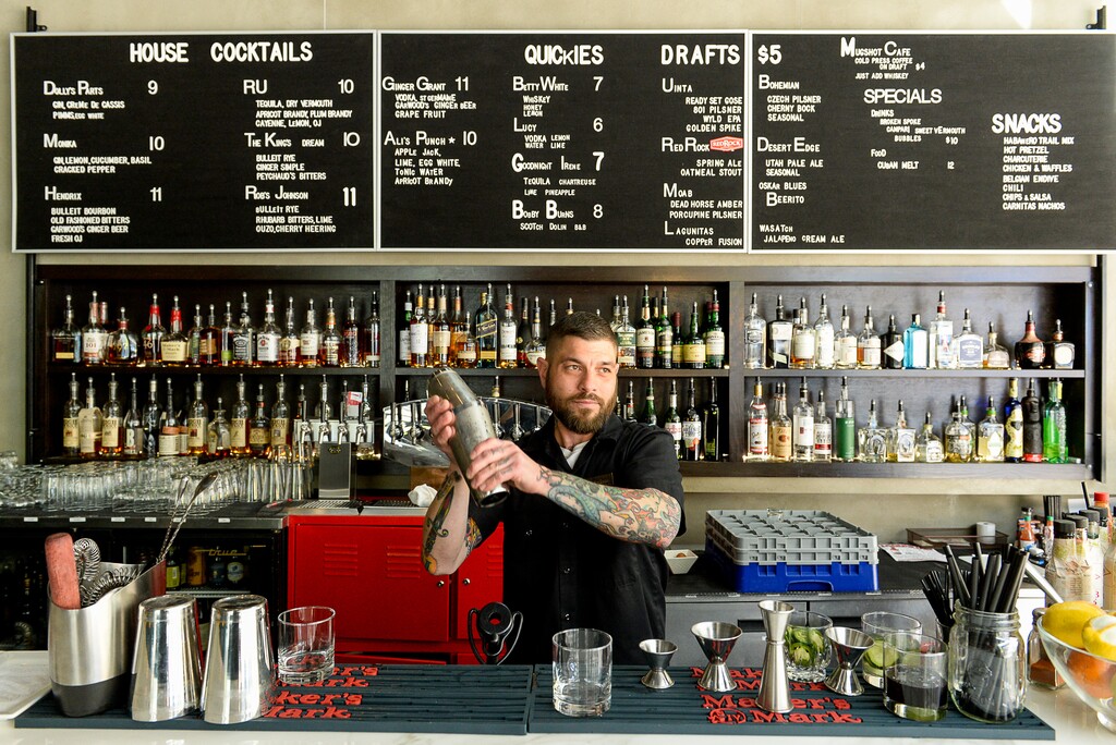 Francisco Kjolseth | The Salt Lake TribuneJoshua Edwards, part owner of Good Grammar Bar in Salt Lake, whips up a cocktail during a recent visit to the establishment along Gallivan Ave. in Salt Lake City. 