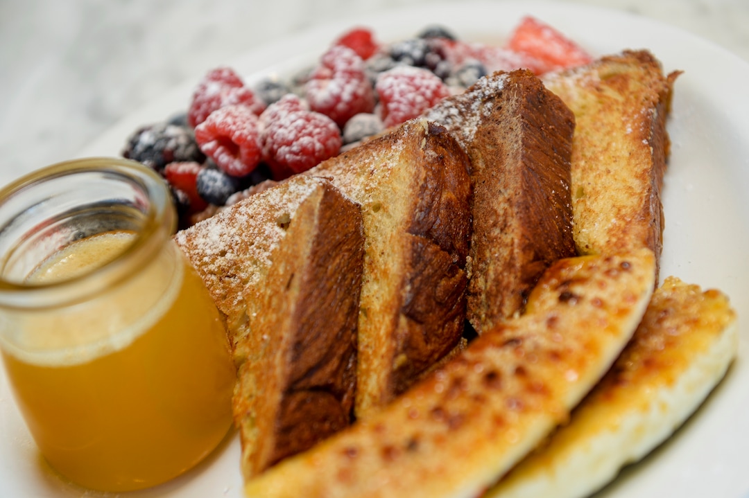 Leah Hogsten  |  The Salt Lake Tribune                  Beaumont Bakery & Cafe's French toast with berries, banana brle and brown buttered bourbon syrup.
