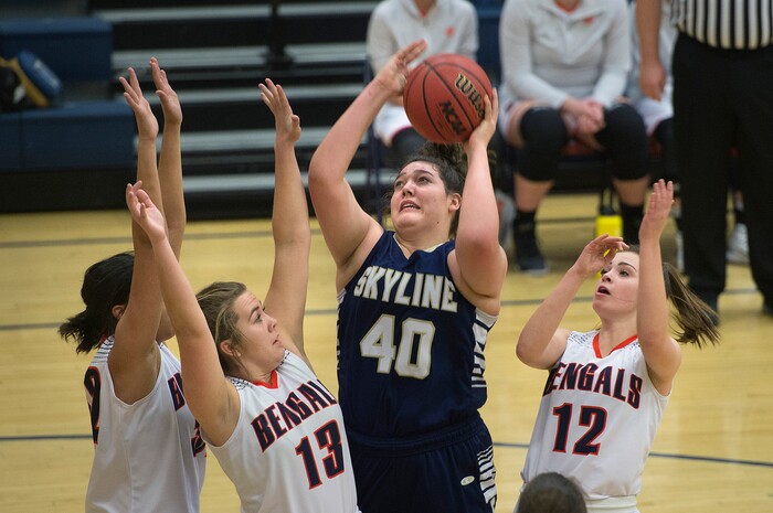 (Scott Sommerdorf   |  The Salt Lake Tribune)   Skyline's Cameron Mooney drives to the hoop during first half play. Skyline defeated Brighton 66-33, Friday, January 5, 2018.