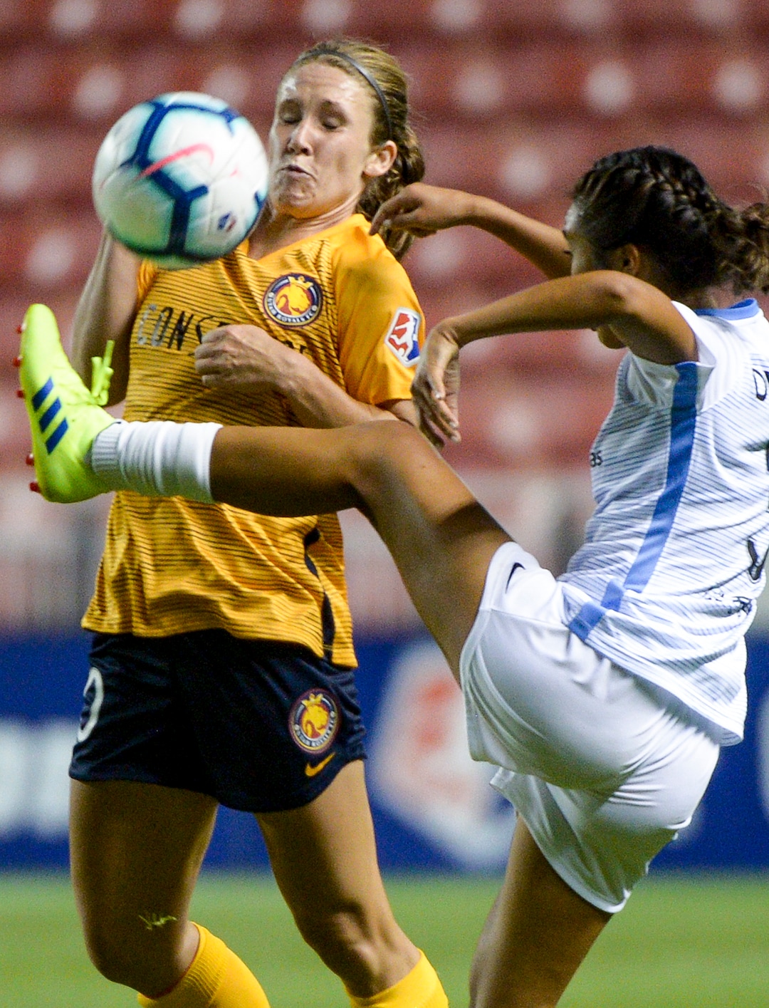 (Leah Hogsten  |  The Salt Lake Tribune) Utah Royals FC forward Mallory Weber (20) dodges a kick from Sky Blue FC defender Caprice Dydasco (3) as the Utah Royals FC host Sky Blue FC, August 7, 2019 at Rio Tinto Stadium.