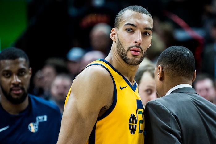 (Chris Detrick  |  The Salt Lake Tribune)  Utah Jazz center Rudy Gobert (27) during the game at Vivint Smart Home Arena Thursday, March 15, 2018. Utah Jazz defeated Phoenix Suns 116-88.
