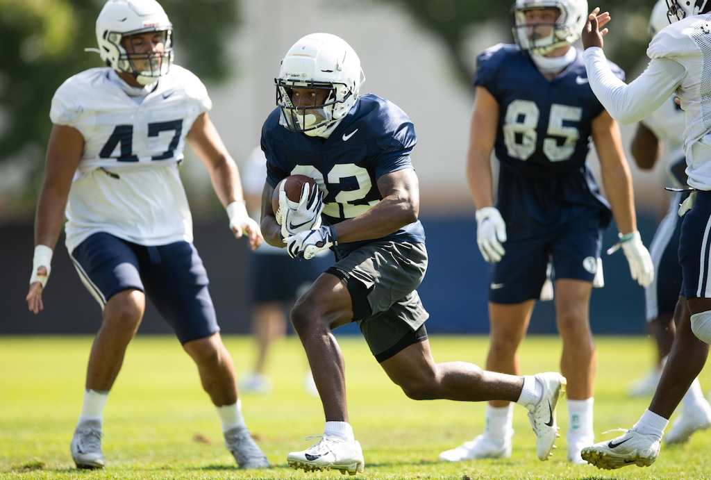 (Photo courtesy of Jaren Wilkey | BYU) Chris Jackson (22) participates in BYU football practice in Provo, Tuesday, Aug. 25, 2020.