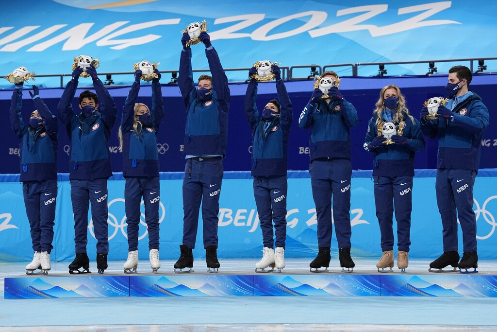 (David J. Phillip | AP) Silver medalists Team United States stand on the podium during the victory ceremony after the team event in the figure skating competition at the 2022 Winter Olympics, Monday, Feb. 7, 2022, in Beijing.