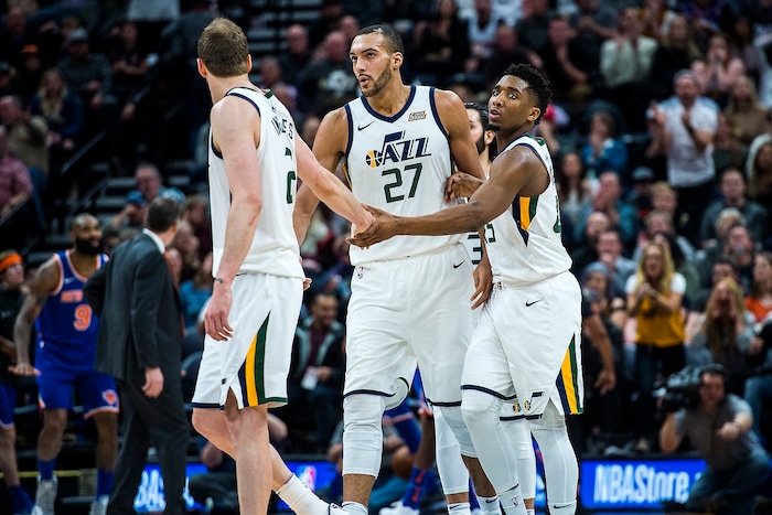 (Chris Detrick  |  The Salt Lake Tribune)  Utah Jazz forward Joe Ingles (2) Utah Jazz center Rudy Gobert (27) and Utah Jazz guard Donovan Mitchell (45) during the game at Vivint Smart Home Arena Friday, January 19, 2018.  New York Knicks defeated Utah Jazz 117-115.