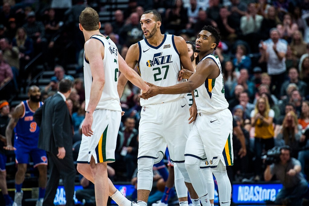 (Chris Detrick | The Salt Lake Tribune) Utah Jazz forward Joe Ingles (2) Utah Jazz center Rudy Gobert (27) and Utah Jazz guard Donovan Mitchell (45) during the game at Vivint Smart Home Arena Friday, January 19, 2018. New York Knicks defeated Utah Jazz 117-115.