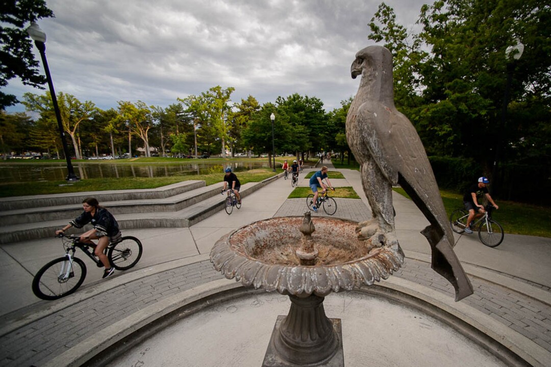 (Trent Nelson | The Salt Lake Tribune)Cyclists gather and ride around Salt Lake City's Liberty Park, Saturday July 21, 2018, in remembrance of Cameron Hooyer, a rider who was killed by a FrontRunner train during a 999 Ride on Thursday.
