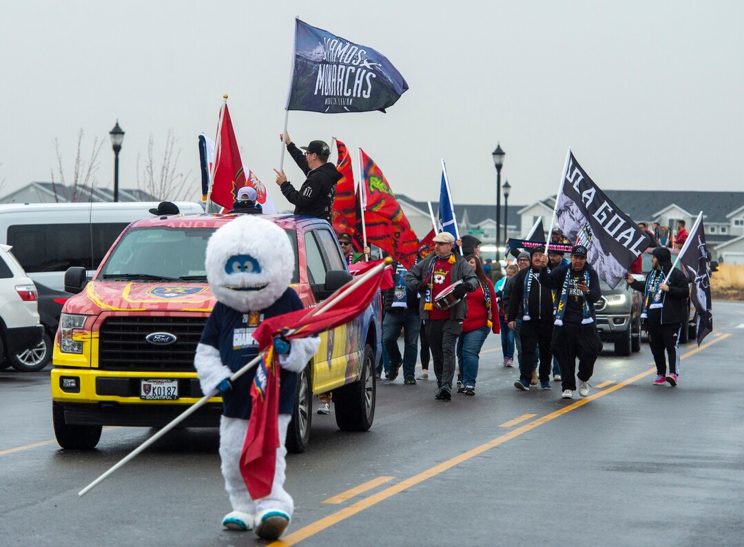 (Rick Egan  |  The Salt Lake Tribune)    The Real Monarchs supporters celebrate the Monarch's USL Cup Championship, during their championship parade at Lynn Crane Park in Herriman, Wednesday, Nov. 20, 2019.