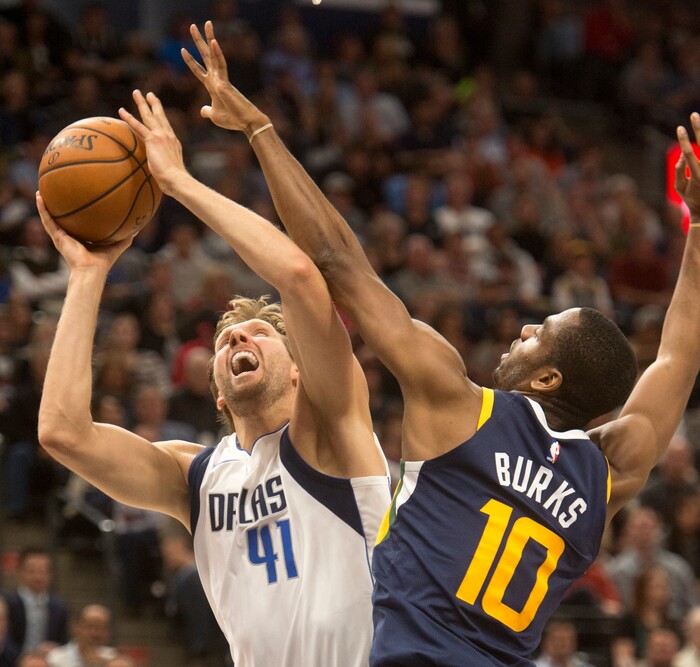 (Rick Egan  |  The Salt Lake Tribune) Utah Jazz guard Alec Burks (10) is called for a foul, as he keeps Dallas Mavericks forward Dirk Nowitzki (41) from scoring, in NBA action Utah Jazz vs. Dallas Mavericks, in Salt Lake City, Monday, October 30, 2017.