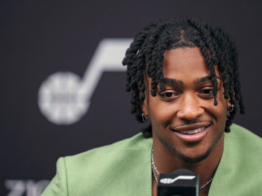 (Leah Hogsten | The Salt Lake Tribune) Brice Sensabaugh, the No. 28 Utah Jazz NBA draft pick, addresses members of the media at the Utah Jazz Basketball Center, June 26, 2023.