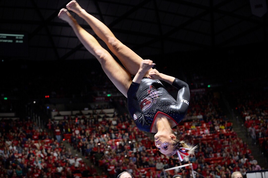 Scott Sommerdorf | The Salt Lake TribuneUtah's MyKayla Skinner spins during her vault, scoring 9.950. Utah outscored Stanford 197.500 to 196.275, Friday, March 3, 2017. 