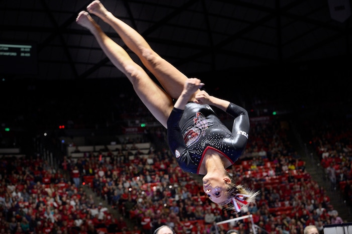 Scott Sommerdorf | The Salt Lake Tribune
Utah's MyKayla Skinner spins during her vault, scoring 9.950. Utah outscored Stanford 197.500 to 196.275, Friday, March 3, 2017. 