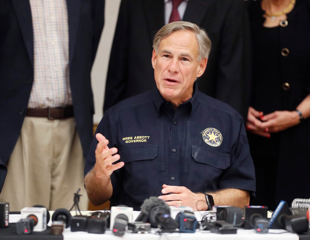 (Mark Rogers | Odessa American, via AP) Texas Gov. Greg Abbott talks a mass shooting in Odessa during a news conference Sunday, Sept. 1, 2019, in Odessa, Texas.