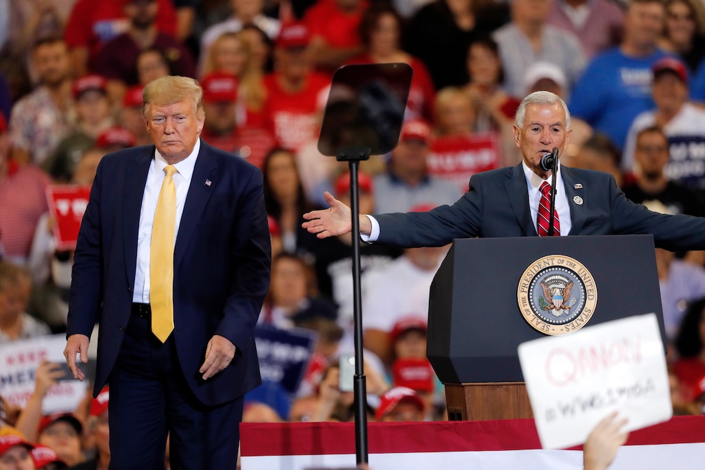 (Gerald Herbert | AP) Louisiana Republican gubernatorial candidate Eddie Rispone, right, speaks at President Donald Trump's campaign rally in Lake Charles, La., Friday, Oct. 11, 2019. Trump introduced both Rispone and Republican gubernatorial candidate Ralph Abraham on the eve of the Louisiana election, urging the crowd to vote for either to unseat incumbent Democrat Gov. John Bel Edwards.