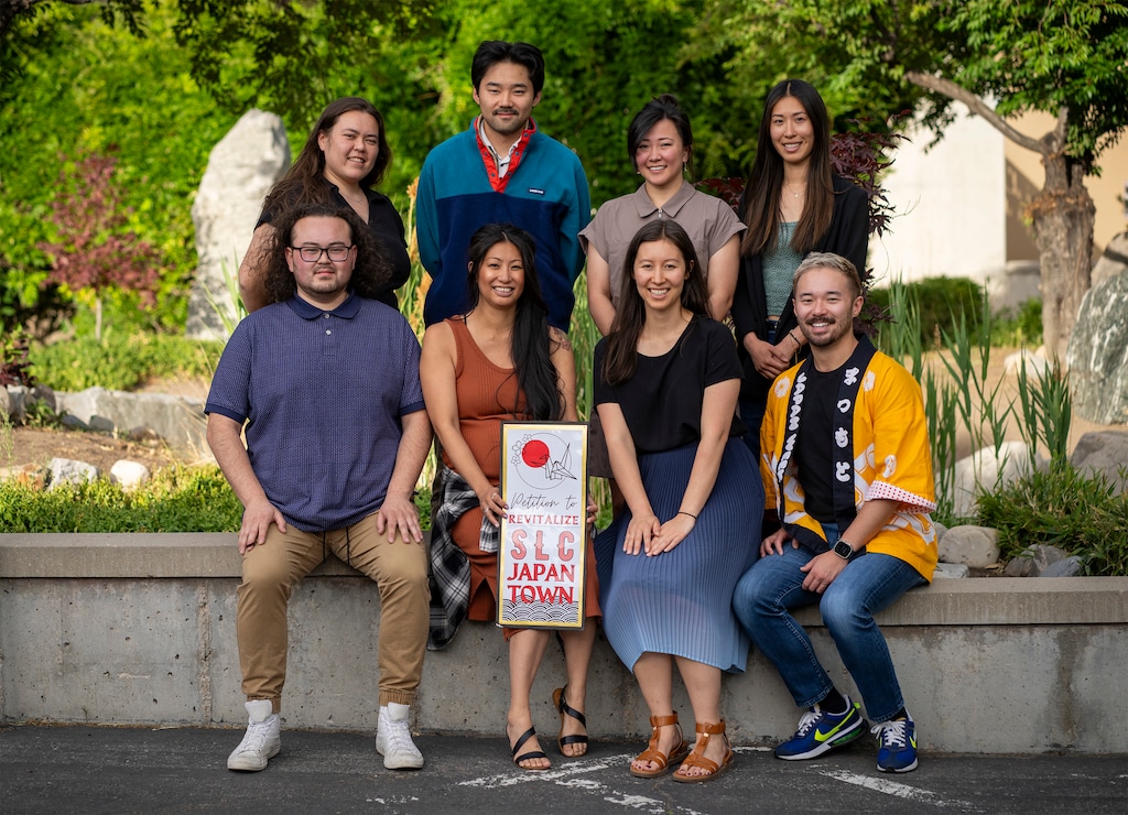 (Rick Egan | The Salt Lake Tribune) Salt Lake City Next Generation Japanese Americans in the memorial garden in Japantown. Front row, from left: Alex Hirai, Clarysa Park, Aimee Kyed, Trey Imamura. Back row, from left: Kenzi Hirai, Ethan Hirabayashi, Kristine Aramaki, Marisa Eng, on Wednesday, June 19, 2024.