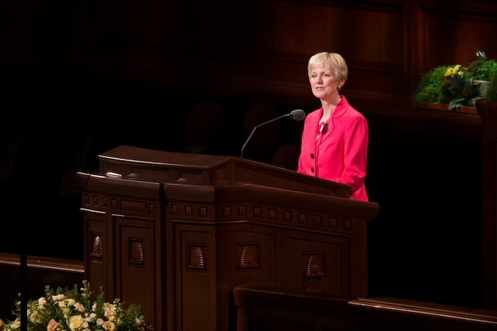 (Jeremy Harmon  |  The Salt Lake Tribune)  President Jean B. Bingham speaks during the Sunday afternoon session of General Conference on April 1, 2018.