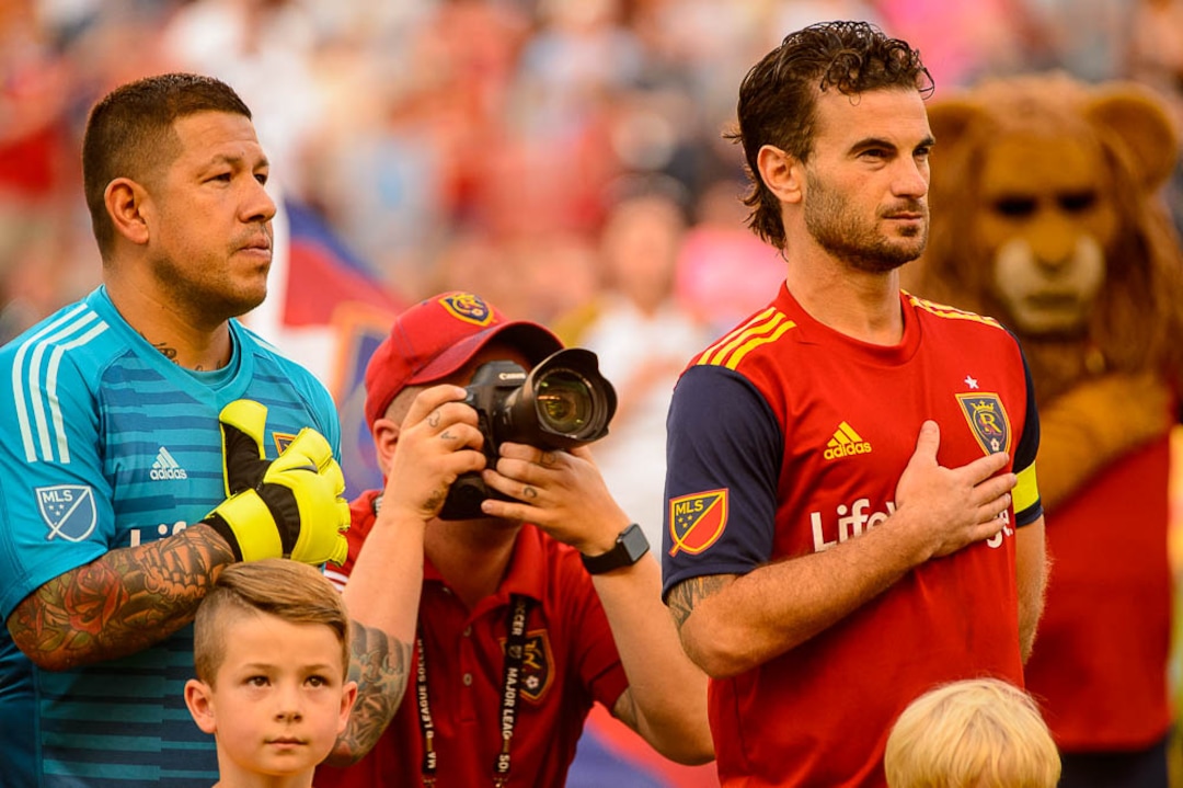 (Trent Nelson | The Salt Lake Tribune)  Real Salt Lake hosts FC Dallas, MLS soccer at Rio Tinto Stadium in Sandy, Saturday July 7, 2018. Real Salt Lake goalkeeper Nick Rimando (18) and Real Salt Lake midfielder Kyle Beckerman (5).