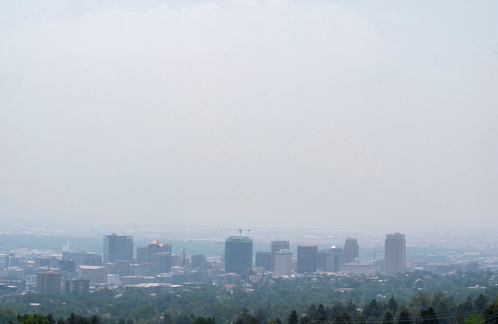 (Rick Egan | The Salt Lake Tribune) Smoke is visible in the Salt Lake Valley on Monday, July 12, 2021.