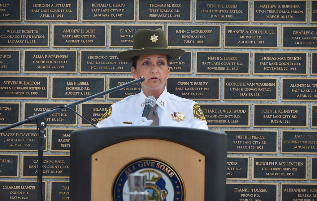(Scott Sommerdorf | The Salt Lake Tribune)     
 Salt Lake County Sheriff Rosie Rivera was the keynote speaker at the Utah Law Enforcement Memorial, Thursday, May 3, 2018. 
No Utah law enforcement officer died in the line of duty last year.