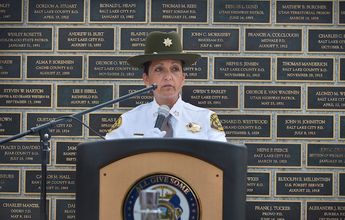 (Scott Sommerdorf | The Salt Lake Tribune)
Salt Lake County Sheriff Rosie Rivera was the keynote speaker at the Utah Law Enforcement Memorial, Thursday, May 3, 2018.
No Utah law enforcement officer died in the line of duty last year.
