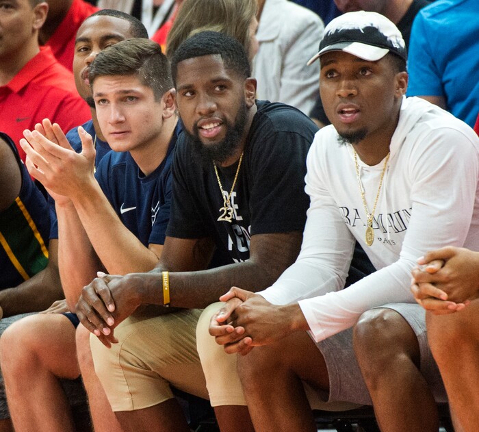 (Rick Egan  |  The Salt Lake Tribune)      Jazz guard Grayson Allen, Royce O'Neale, and Donovan Mitchell watch from bench, in Utah Jazz summer league action between Utah Jazz and Memphis Grizzlies in Salt Lake City, Tuesday, July 3, 2018.