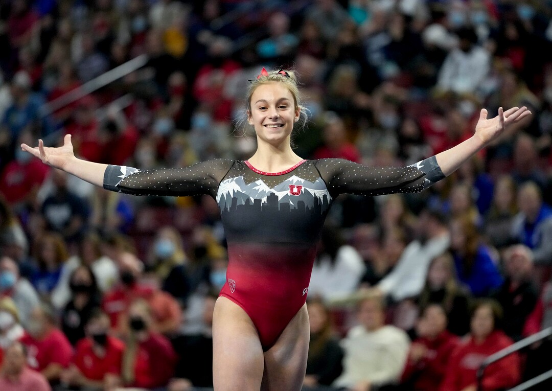 (Francisco Kjolseth | The Salt Lake Tribune) Utah’s Grace McCallum begins her floor routine at the Best of Utah NCAA Gymnastics Meet at the Maverik Center in West Valley City on Friday, Jan. 7, 2022.