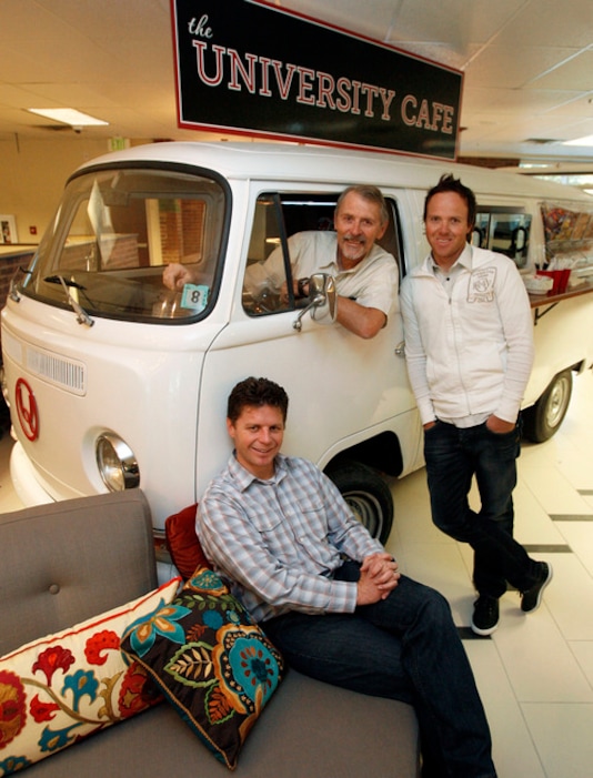 Francisco Kjolseth | The Salt Lake Tribune
Scott Smith, center and his son Ryan, right, along with co-founder Stuart Orgill give an old VW Bus new life as a snack bar in the lobby of their software company Qualtrics in Provo. The company which makes online survey software recently got $70 million in first round venture capital and are a hot company growing in Utah county.