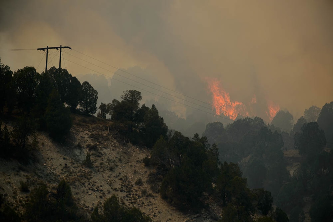 (Trent Nelson | The Salt Lake Tribune) The Coal Hollow Fire burns along Highway 6 in Utah County, Thursday Aug. 9, 2018.