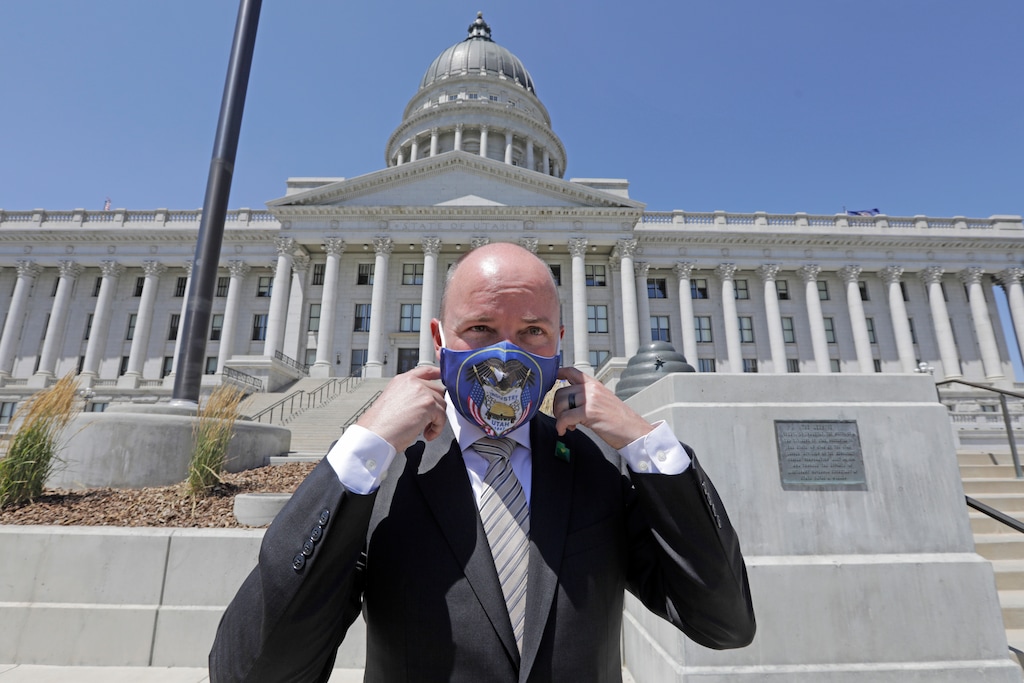 (Rick Bowmer | AP file photo)  Lt. Gov Spencer Cox adjusts his face mask as he poses for a photograph at the Utah state Capitol Tuesday, July 7, 2020, in Salt Lake City.