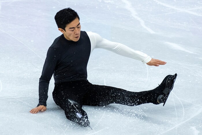 (Chris Detrick  |  The Salt Lake Tribune)  Salt Lake City's Nathan Chen falls while competing in the Men Single Skating Short Program at Gangneung Ice Arena during the Pyeongchang 2018 Winter Olympics Friday, Feb. 16, 2018. Chen finished with a score of 82.27.