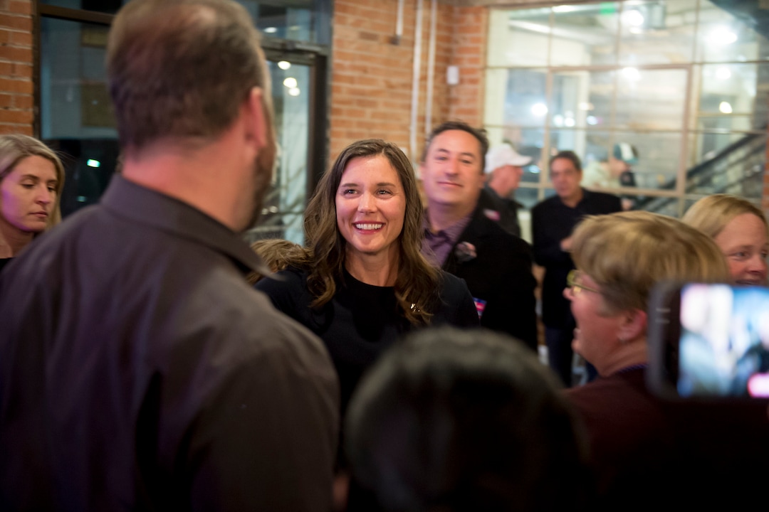(Jeremy Harmon  |  The Salt Lake Tribune) Salt Lake City mayoral candidate Erin Mendenhall greets supporters on election night Tuesday, November 5, 2019.