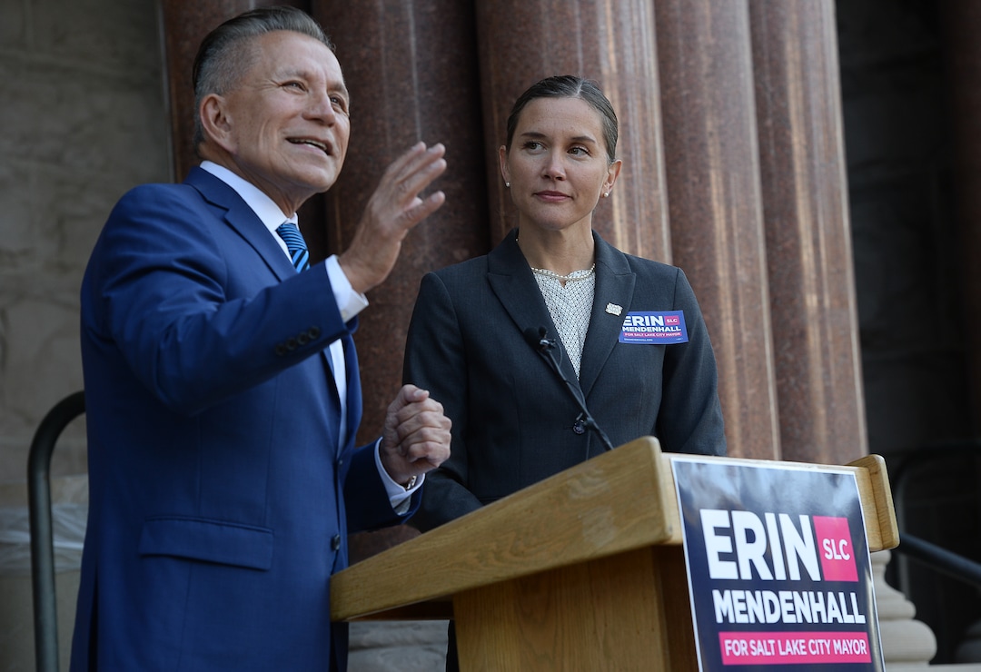 (Francisco Kjolseth  |  The Salt Lake Tribune)  Salt Lake City Councilwoman Erin Mendenhall announces an endorsement from former opponent David Ibarra as they gather on the West steps of the Salt Lake City and County Building on Thursday, Oct. 3, 2019.