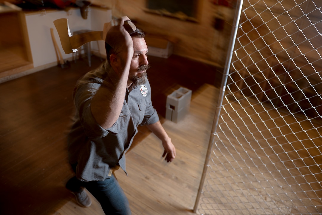 (Leah Hogsten  |  The Salt Lake Tribune)   Social Axe Throwing co-owner Mark Floyd.