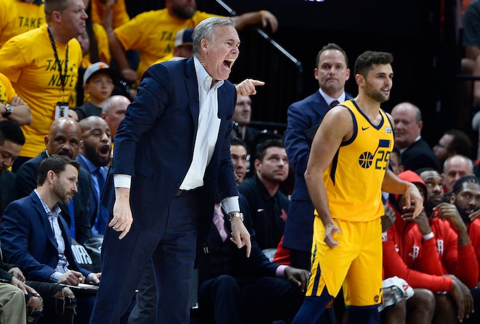 (Scott Sommerdorf | The Salt Lake Tribune)
Houston Rockets head coach Mike D'Antoni yells after the referees called him for a technical. The Rockets beat the Jazz 100-87, Sunday, May 6, 2018.