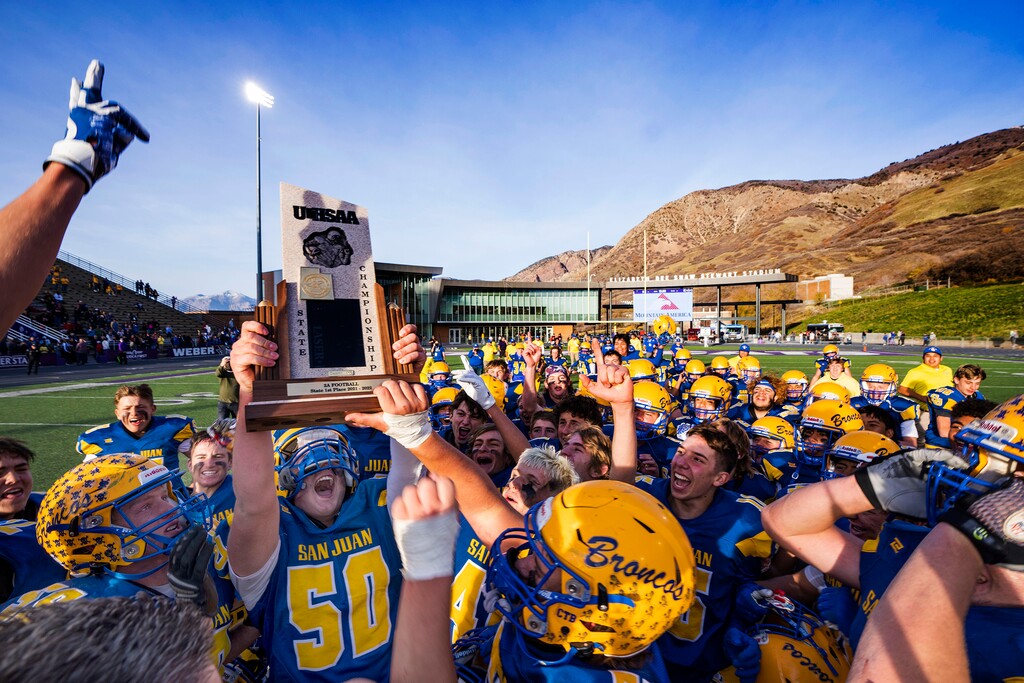 (Rick Egan | The Salt Lake Tribune) The San Juan Broncos celebrate their 2A Football Championship, in their victory over the Beaver Beavers, in 2A Football Championship action between The San Juan Broncos and the Beaver Beavers, at the Elizabeth Dee Shaw Stewart Stadium in Ogden, on Saturday, Nov. 13, 2021.