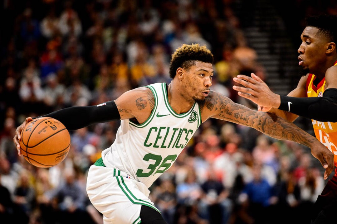 (Trent Nelson | The Salt Lake Tribune)  Boston Celtics guard Marcus Smart (36) defended by Utah Jazz guard Donovan Mitchell (45). Utah Jazz vs. Boston Celtics, NBA basketball in Salt Lake City on Friday Nov. 9, 2018.