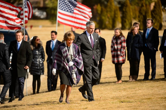 (Trent Nelson | The Salt Lake Tribune)  Jon Huntsman Jr. and Karen Huntsman at the graveside service for Jon Huntsman Sr. at Wasatch Lawn Memorial Park & Mortuary in Salt Lake City, Saturday February 10, 2018.