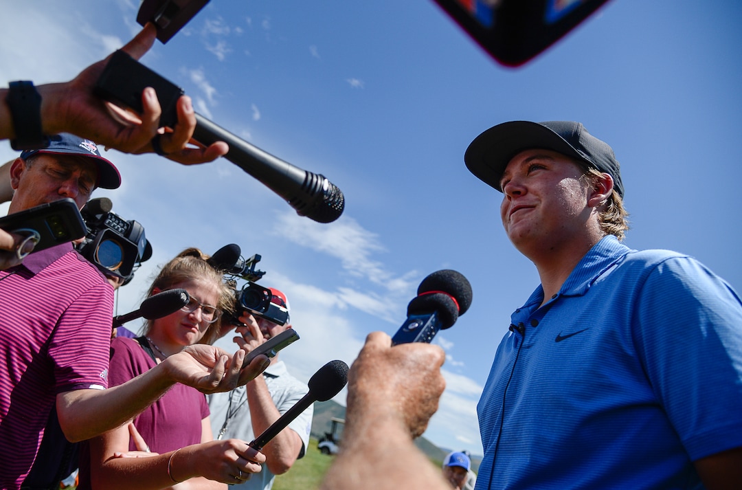 (Francisco Kjolseth  |  The Salt Lake Tribune)  Preston Summerhays, 16, speaks with the press after repeating as State Amateur golf champion at Soldier Hollow Golf Course on Saturday, July 13, 2019, beating Chase Lansford 7 and 6 in the final championship match.