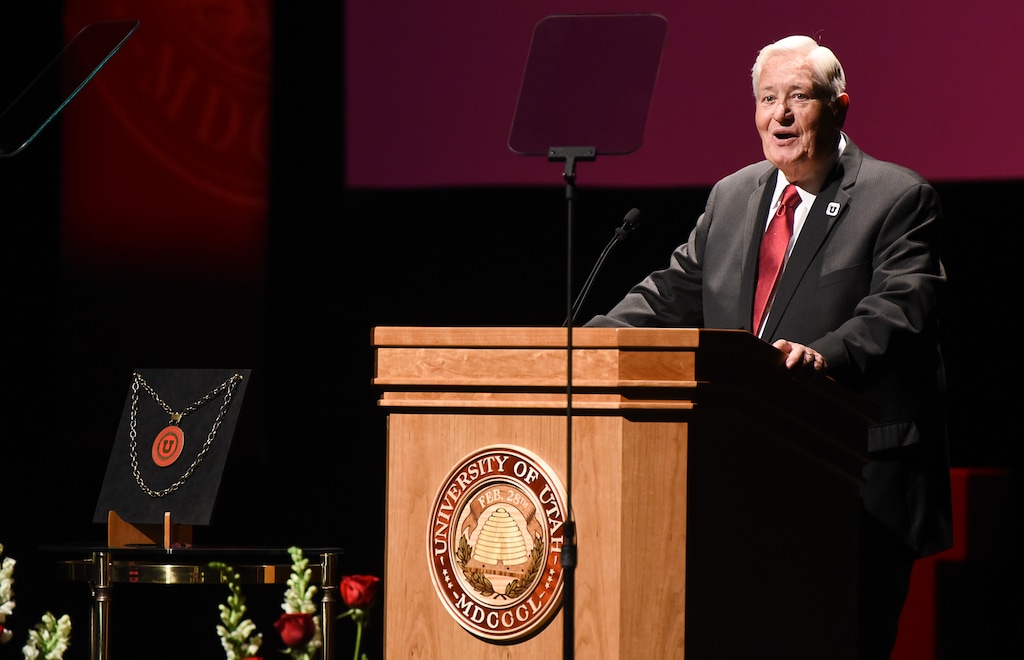 (Francisco Kjolseth | The Salt Lake Tribune) H. David Burton, chair, University of Utah Board of Trustees, introduces the program for Ruth Watkins inauguration as the University of Utah's 16th president, and first female, at Kingsbury Hall on Friday, Sept. 21, 2018.