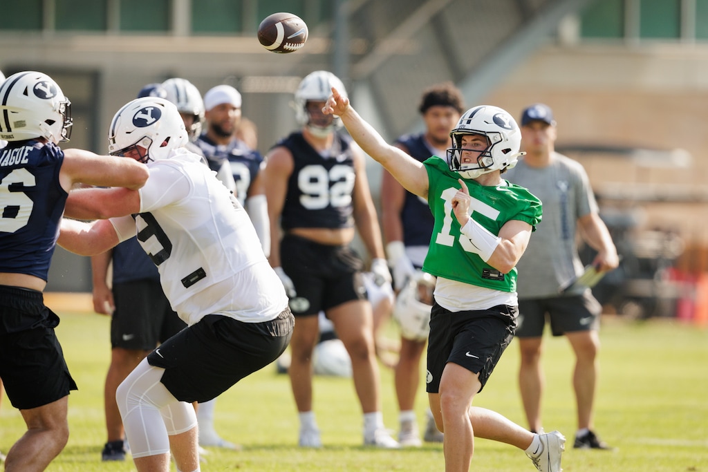 (Jaren Wilkey | BYU Athletics) Quarterback McCae Hillstead participates in BYU football practice in Provo, Wednesday, July 31, 2024.