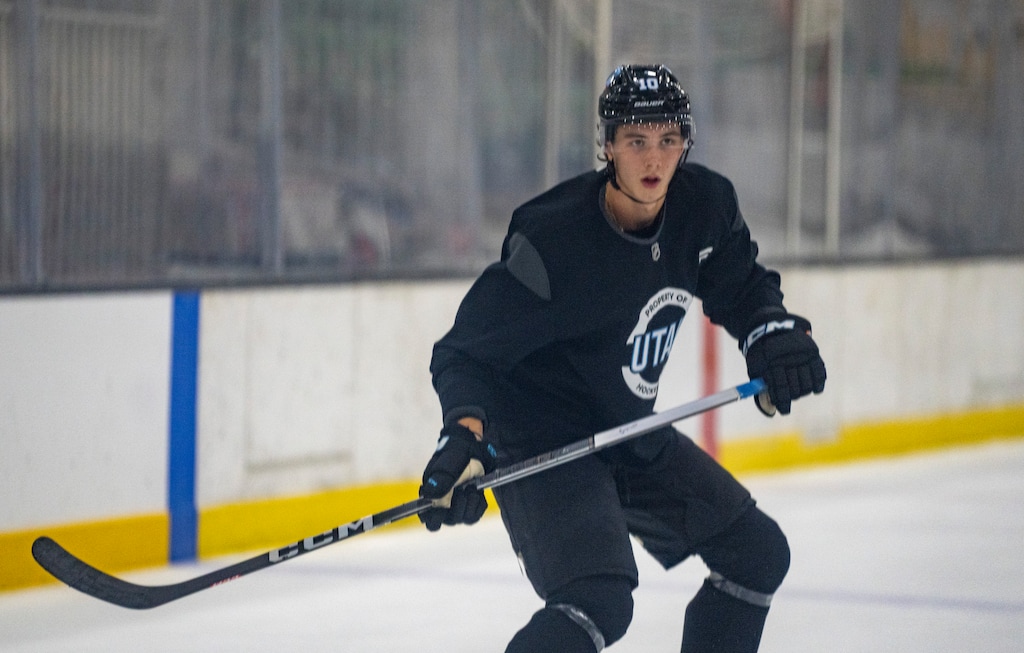 (Rick Egan | The Salt Lake Tribune)  Maveric Lamoureux practices with the Utah Hockey Club at the Olympic Oval in Kearns, on Thursday, Sept. 19, 2024. 