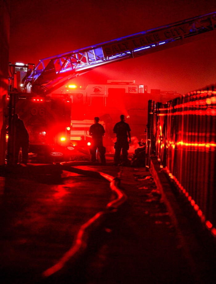 (Francisco Kjolseth  |  The Salt Lake Tribune) Fire crews respond to a fire at Rocky Mountain Recycling South Salt Lake on Saturday, July 11, 2020.