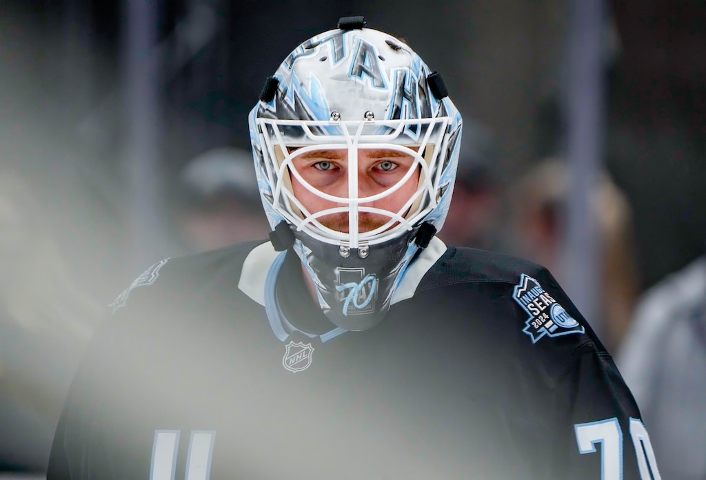 (Francisco Kjolseth  | The Salt Lake Tribune) Utah Hockey Club goaltender Karel Vejmelka (70) during a game at the Delta Center in Salt Lake City on Thursday, Jan. 16, 2025.