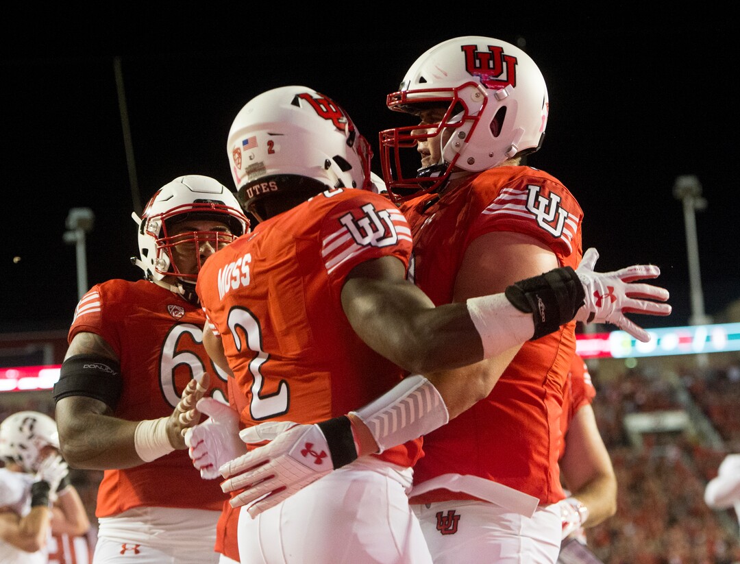 (Rick Egan  |  The Salt Lake Tribune)Utah celebrates the touchdown by running back Zack Moss (2) in PAC-12 football action, Utah Utes vs. Stanford Cardinals, at Rice-Eccles Stadium, Saturday, October 7, 2017.