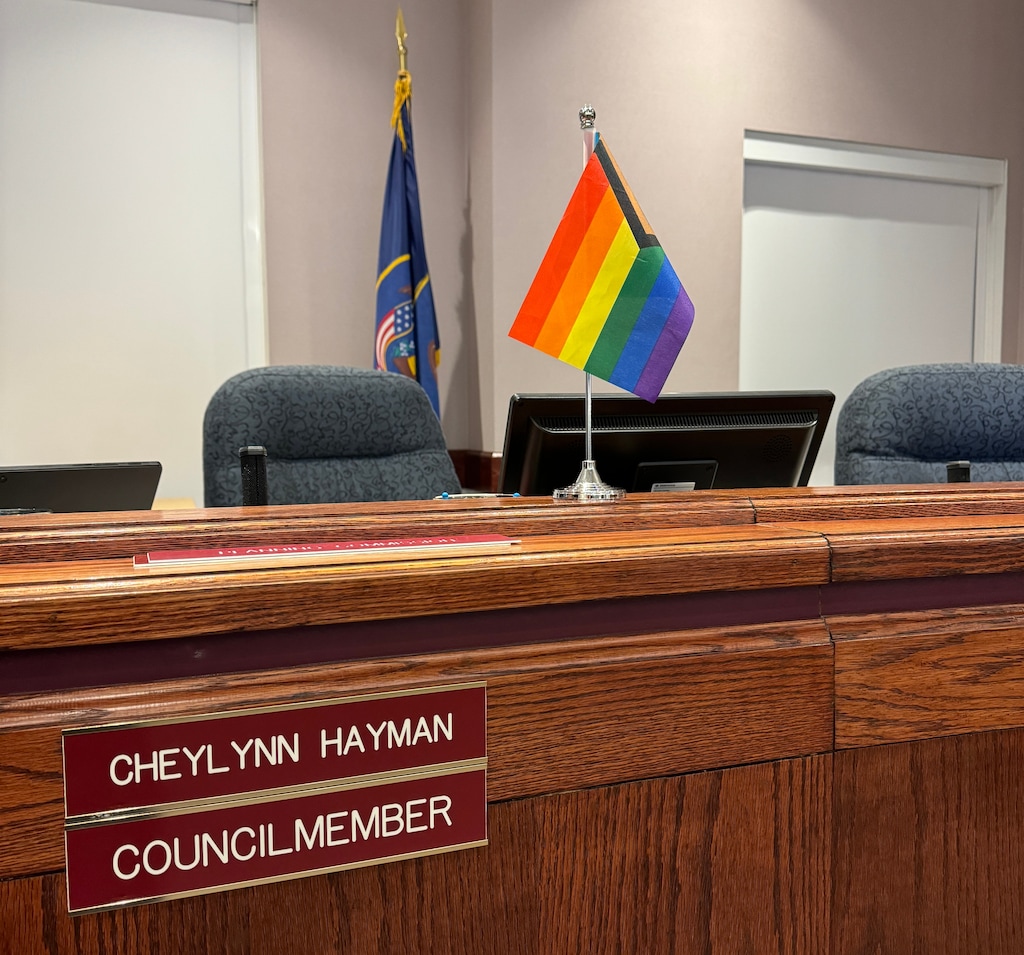 (Cheylynn Hayman) A pride flag sits on council member Cheylynn Hayman's desk on the Centerville City Council. The flag has drawn complaints to the Utah state auditor's office, citing a Utah law that bans such flags from government entities and schools.